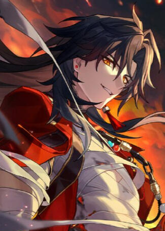 Mortenax Blade from Honkai Star Rail with an cocky expression on his face.